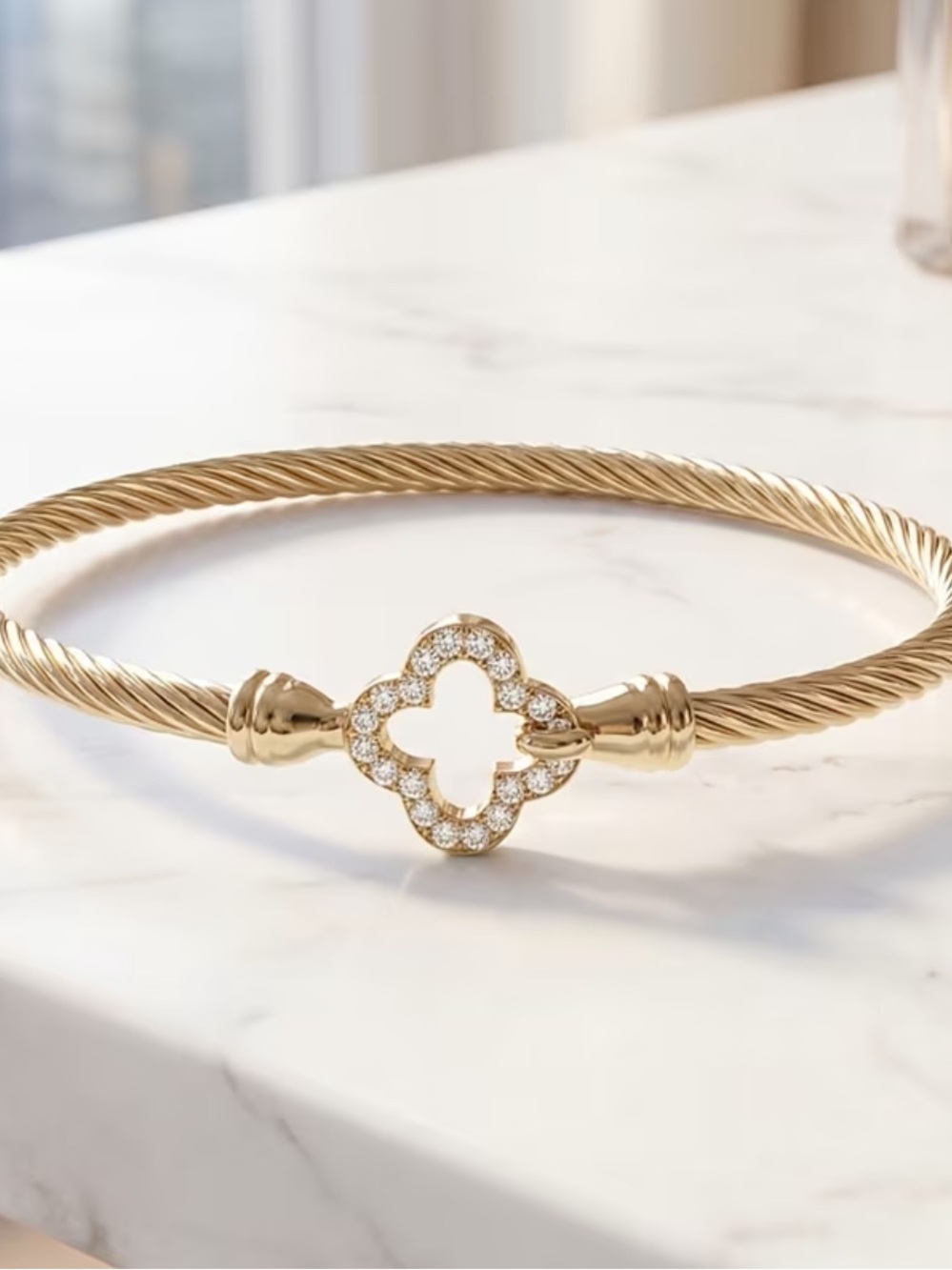 Gold Clover Cable Bangle Bracelet with Crystal Accents